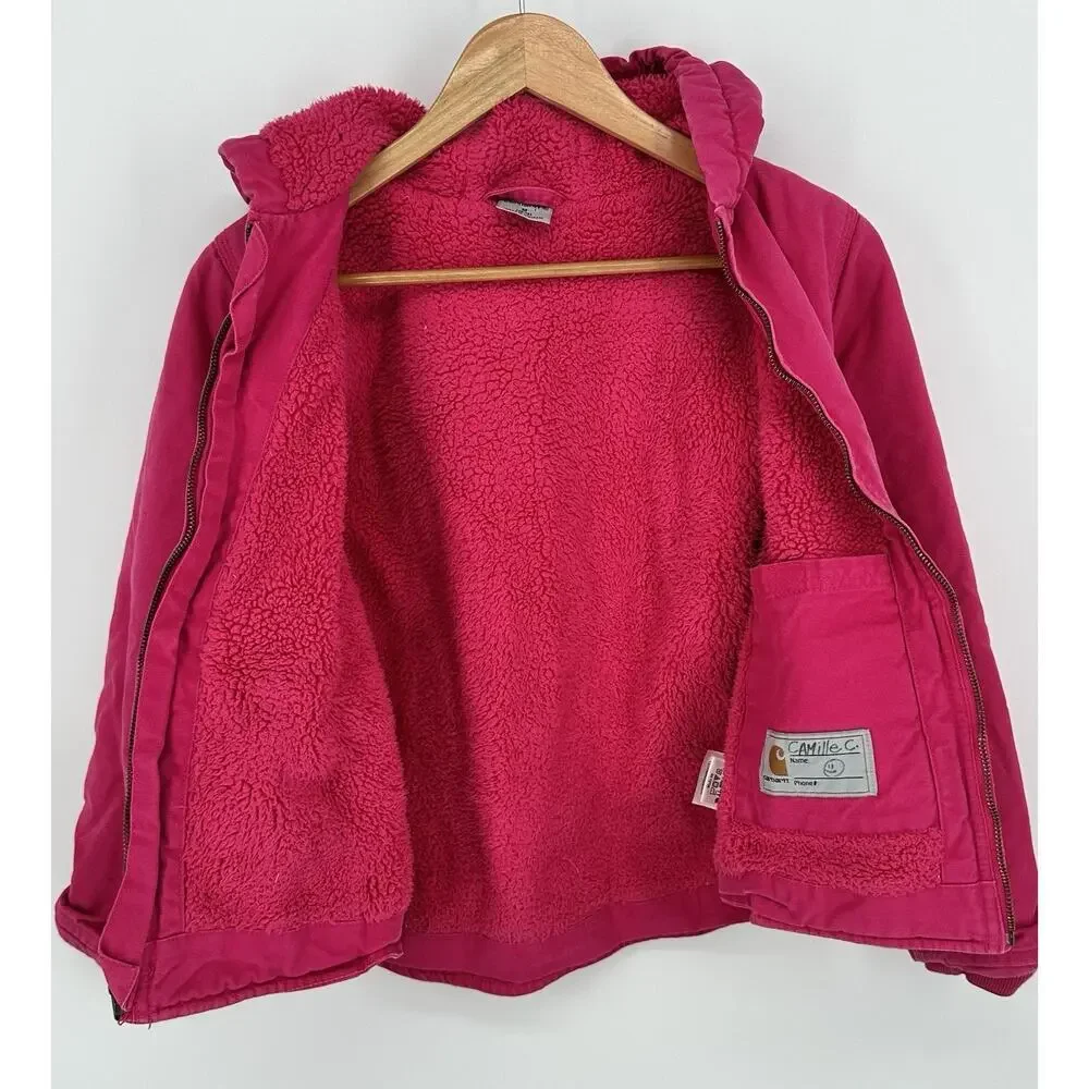 Pink Carhartt Duck Canvas Girls Sherpa Lined Coat/Jacket Youth Size M (10-12)